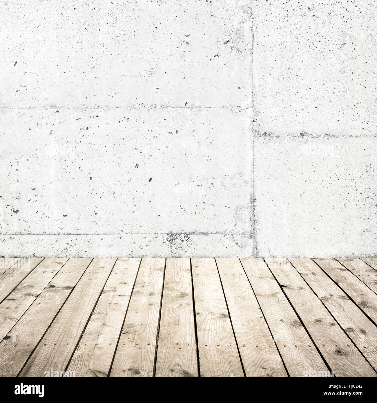 Abstract dei quadrati vuoti di fondo interna, pavimento in legno e calcestruzzo bianco parete Foto Stock