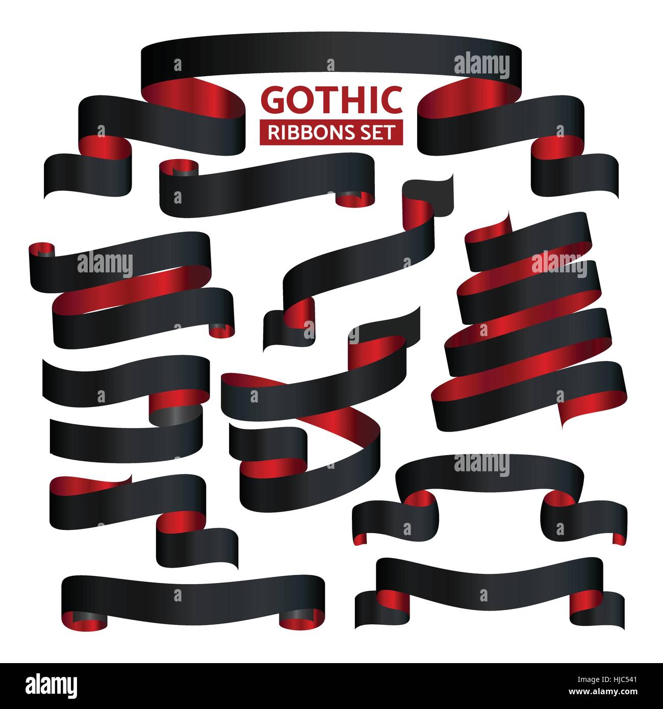 Nastro nero vettore collezione su sfondo bianco. Banner forme isolate illustrazione del dono e accessorio. Adesivo in stile gotico e la decorazione di app per un Illustrazione Vettoriale