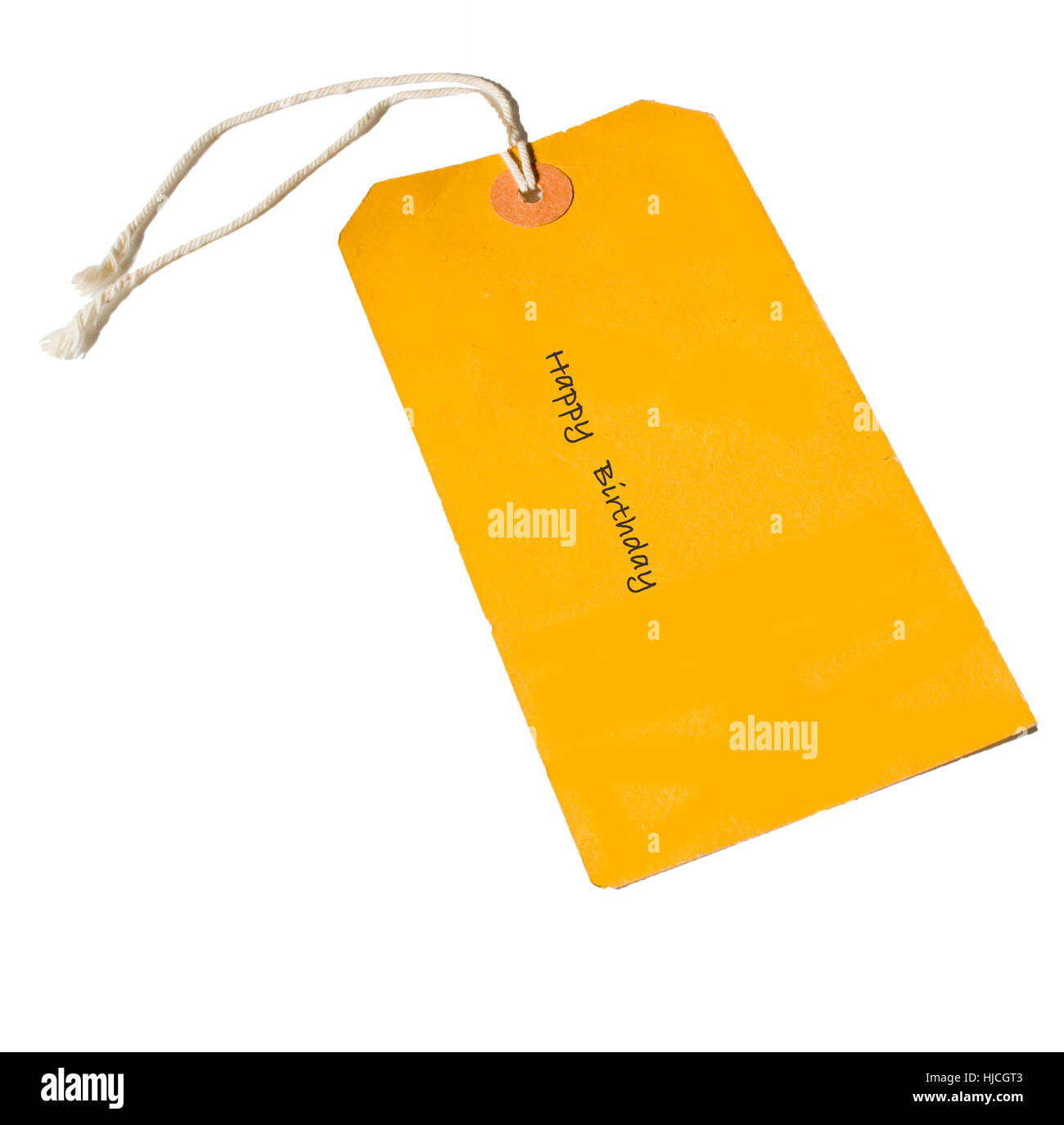 Vintage tag giallo con buon compleanno testo Foto Stock