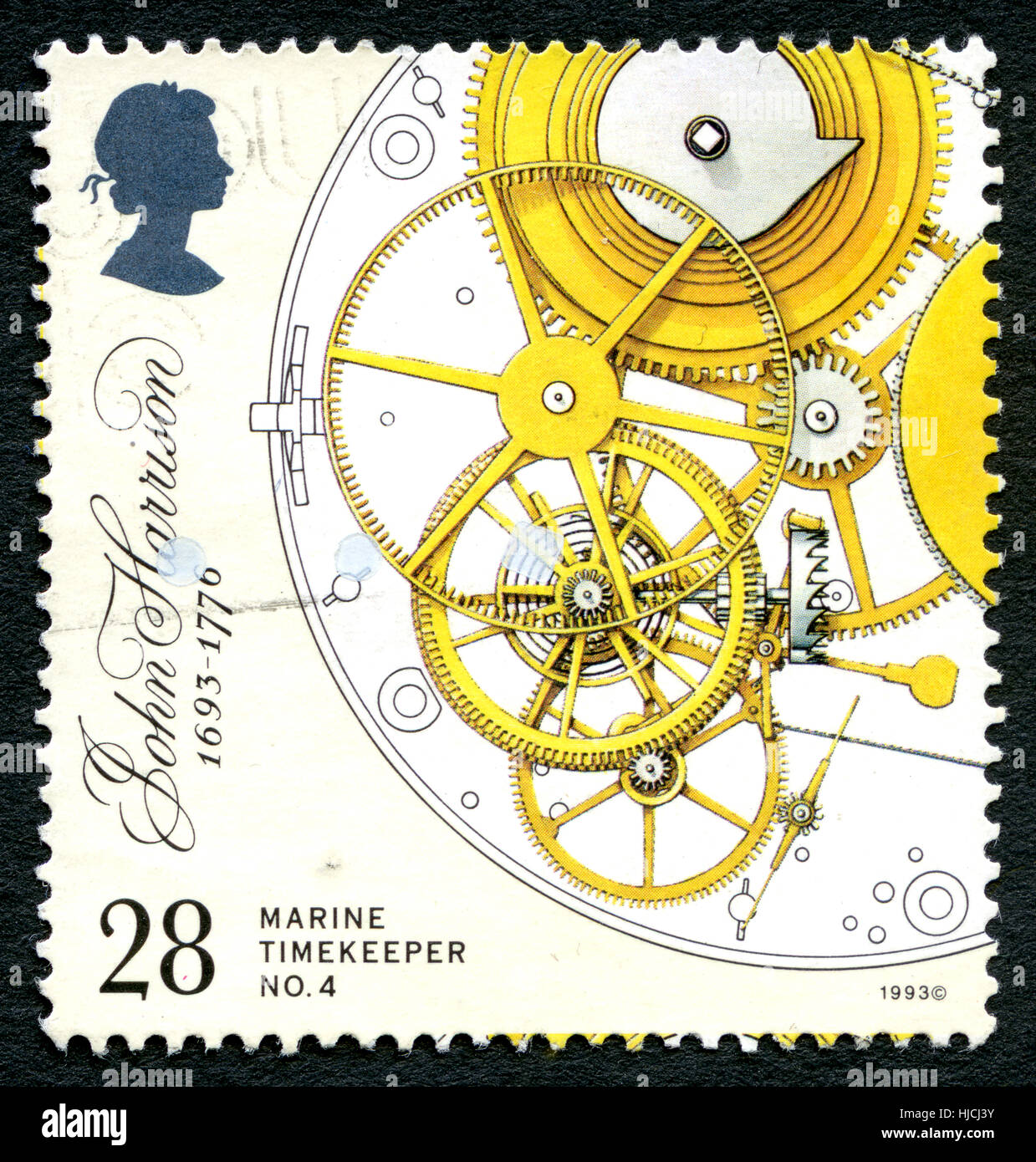 Regno Unito - circa 1993: un usato francobollo DAL REGNO UNITO, raffigura cronometro marino da inventore John Harrison, circa 1993. Foto Stock