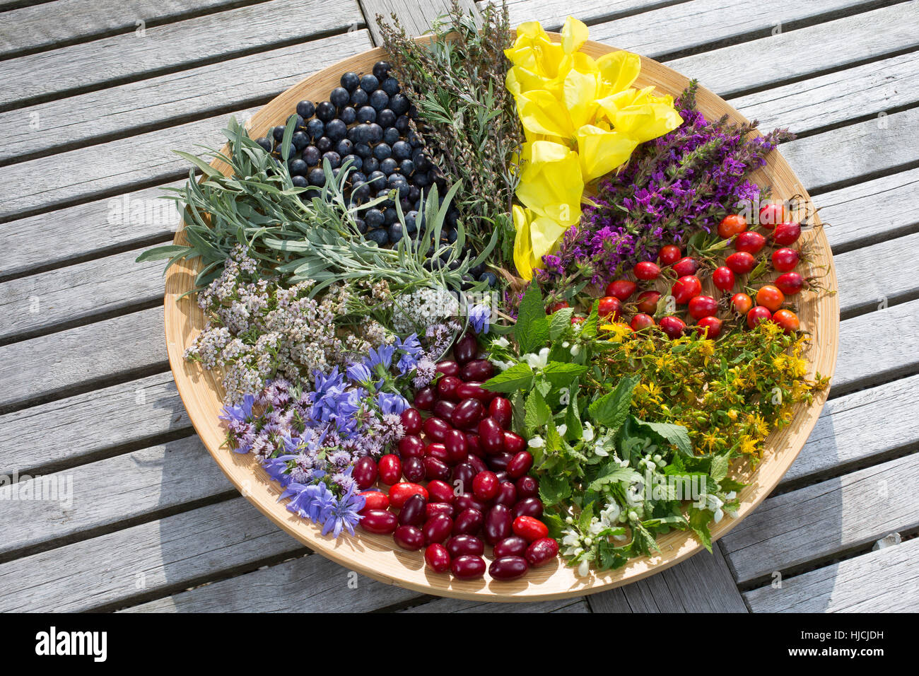 Spätsommer Blütenteller und Früchteteller. Blüten, Blumen, Kräuter, Kräuter sammeln, Kräuterernte, Blüten und Früchte auf einem Teller sortiert, bunt, Foto Stock