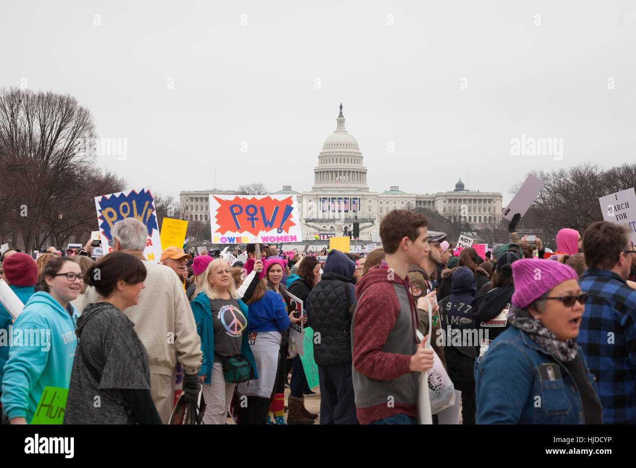 Washington, Stati Uniti d'America. Gennaio 21st, 2017. Le donne di marzo su Washington, DC: folle con United States Capitol Building in background raccolti sul centro commerciale nazionale per protestare contro il Presidente Trump's posizioni su donne e altri diritti umani. Credito: Dasha Rosato/Alamy Live News Foto Stock