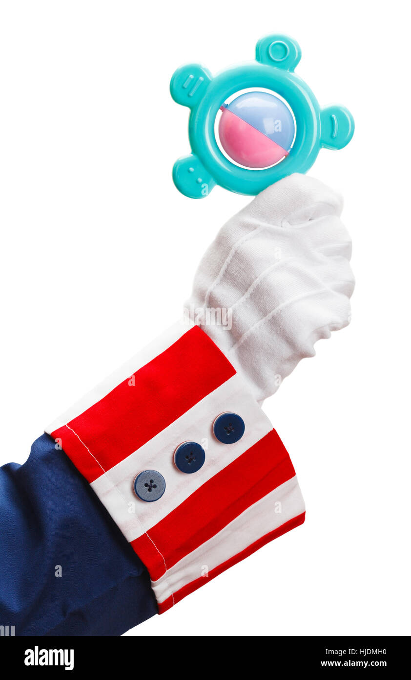 Presidente Holding Baby sonaglio isolati su sfondo bianco. Foto Stock