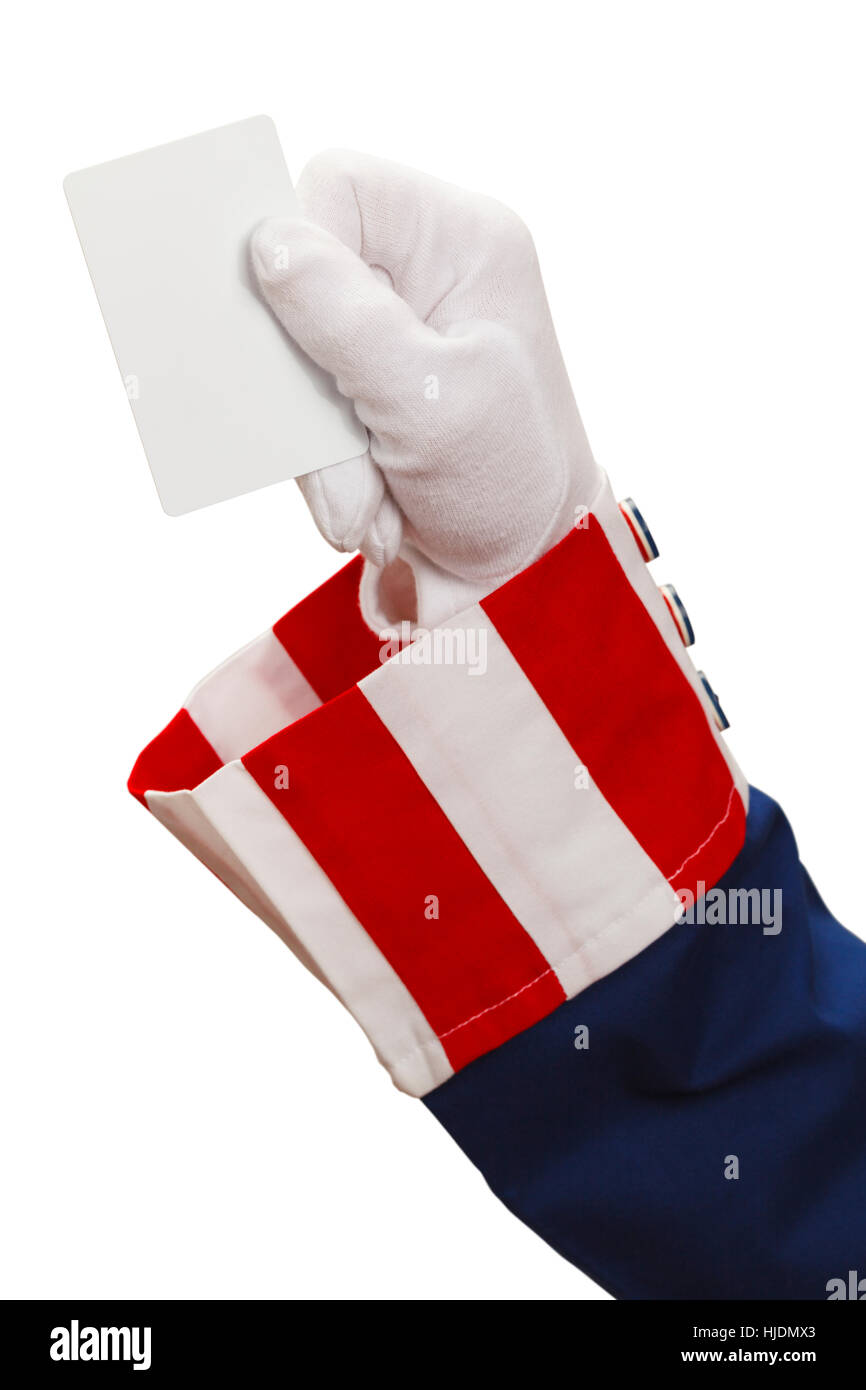 Presidente con in mano una scheda vuota isolata su sfondo bianco. Foto Stock