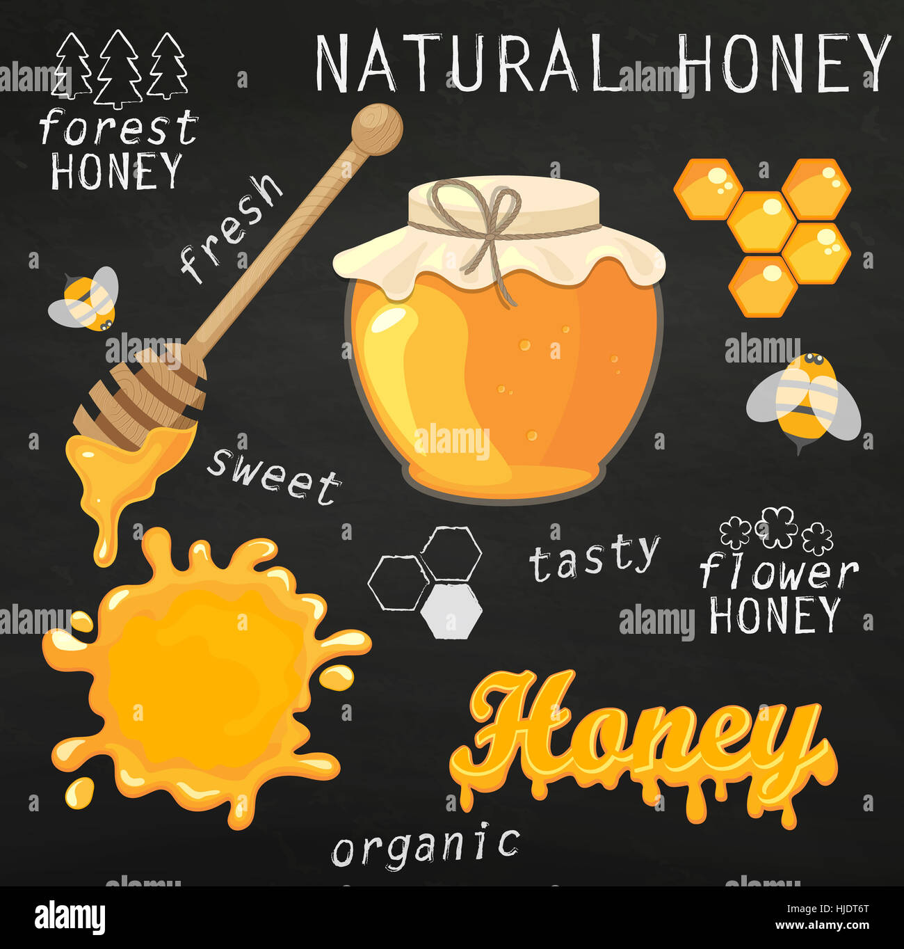 Illustrazione Vettoriale set di barattoli di miele, honeycomb, scritte e le api sulla lavagna. Naturale di produzione di generi alimentari sani. Foto Stock