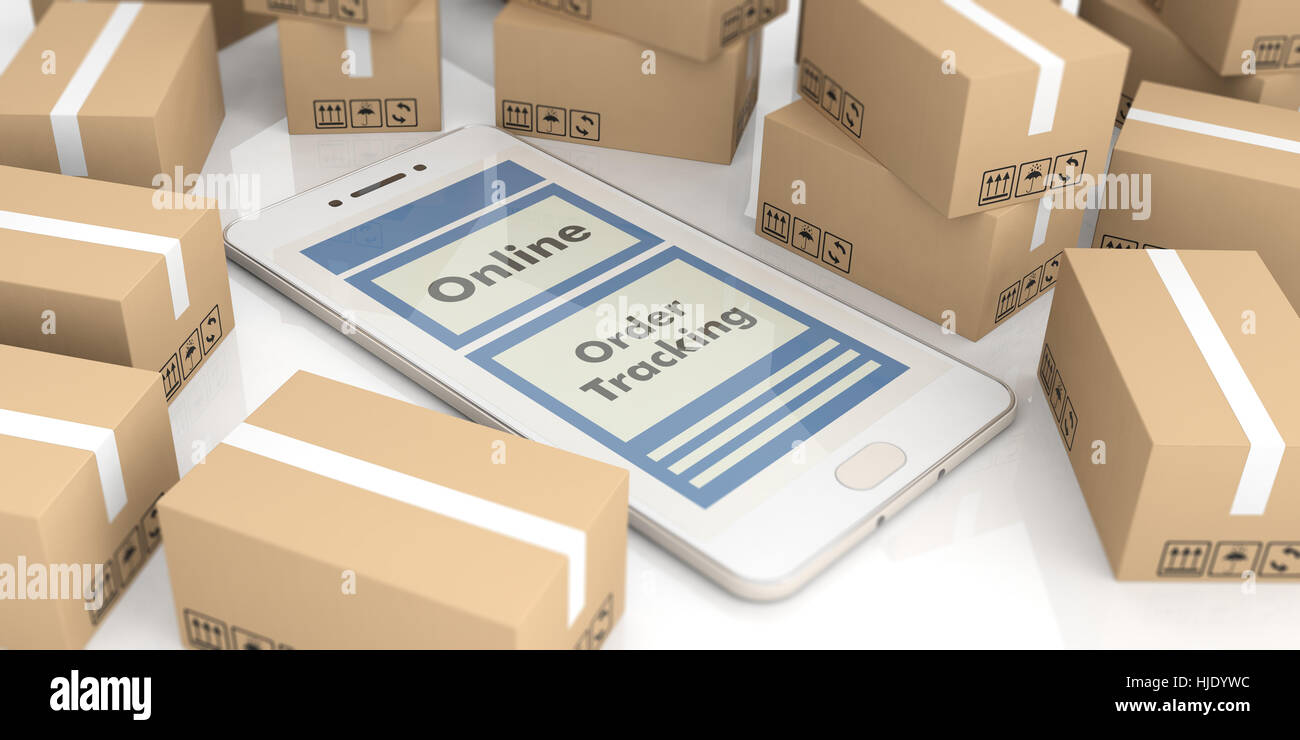 Smartphone su scatole in movimento sullo sfondo. Ordine Online, tracking e concetto di consegna. 3d illustrazione Foto Stock