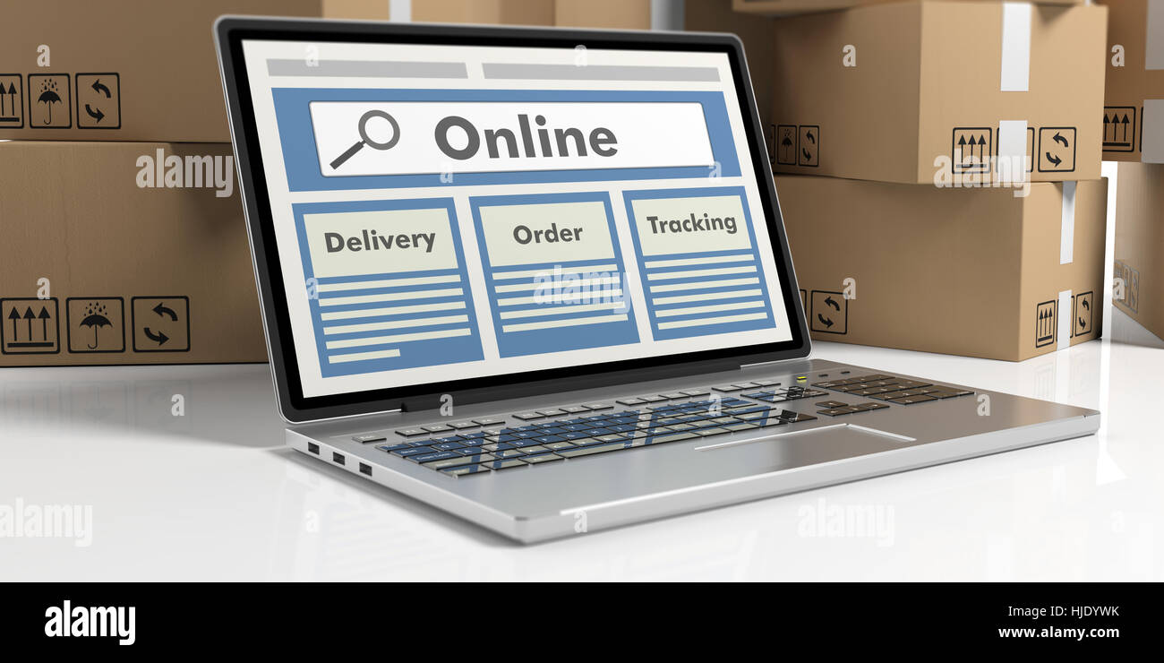 Laptop in scatole in movimento sullo sfondo. Ordine Online, tracking e concetto di consegna. 3d illustrazione Foto Stock