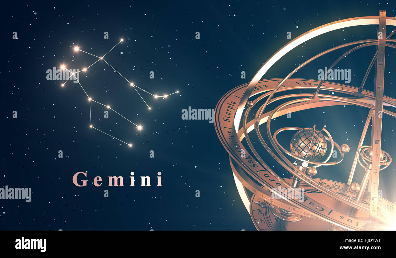 Zodiac Costellazione Gemini e sfera armillare su sfondo blu Foto Stock