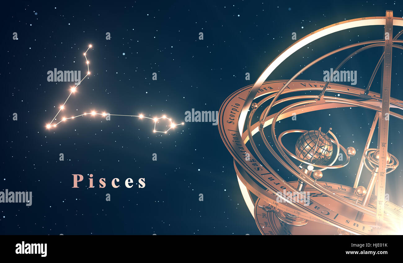 La costellazione dello zodiaco pesci e sfera armillare su sfondo blu Foto Stock