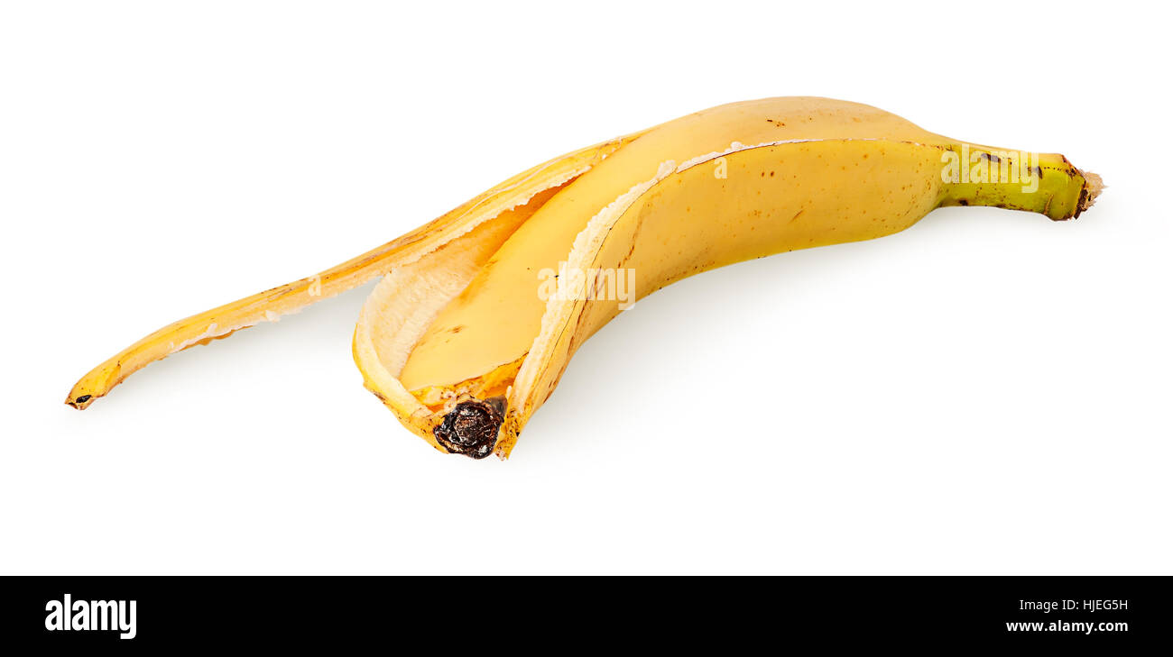Di fronte buccia di banana orizzontalmente isolati su sfondo bianco Foto Stock