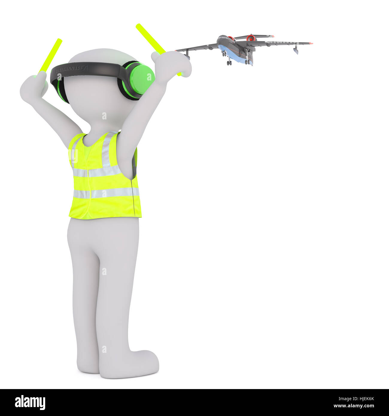 3d reso personaggio dei fumetti di indossare giubbotti di sicurezza e gli auricolari di protezione di segnalazione degli aerei in avvicinamento per l'atterraggio di fronte bianco Ba Foto Stock