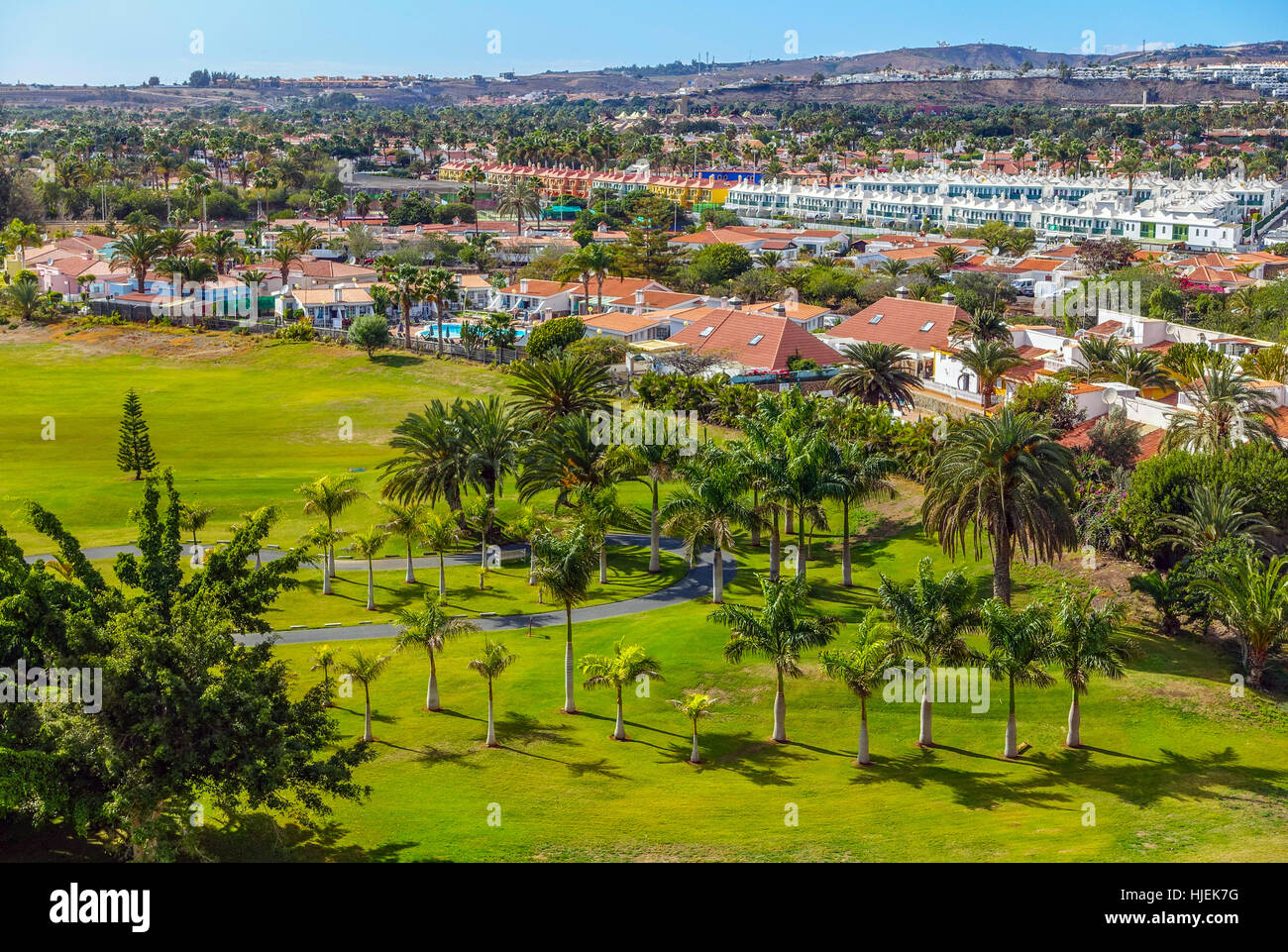 Campo da golf Campo Internacional, sullo sfondo le dune di Maspalomas, Gran Canaria, Spagna, Europa Foto Stock