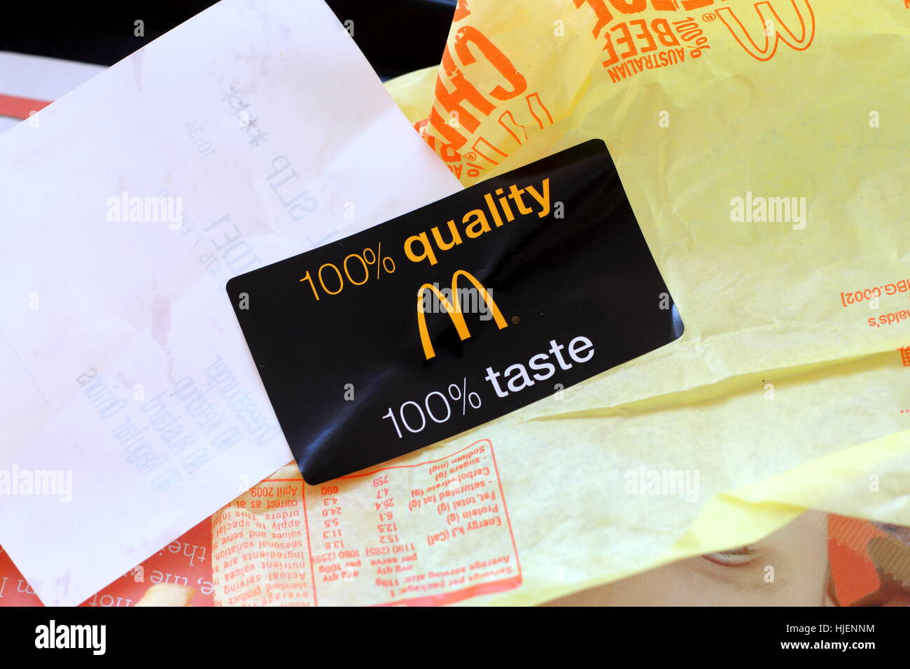 100% di qualità 100% gusto adesivo dal McDonald's Australia Foto Stock