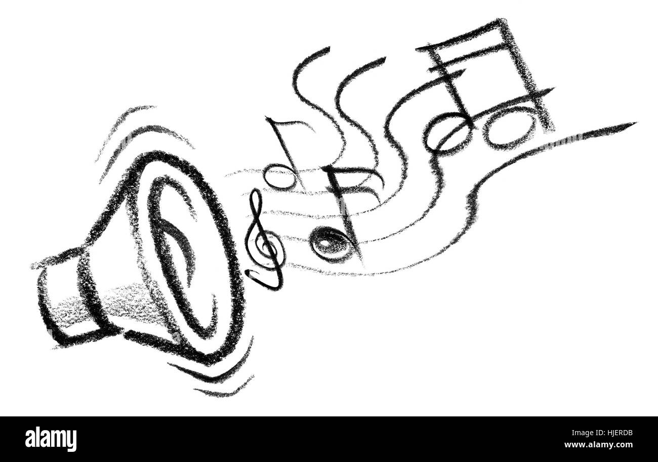 Crayon-abbozzato illustrazione di un altoparlante con note musicali Foto Stock