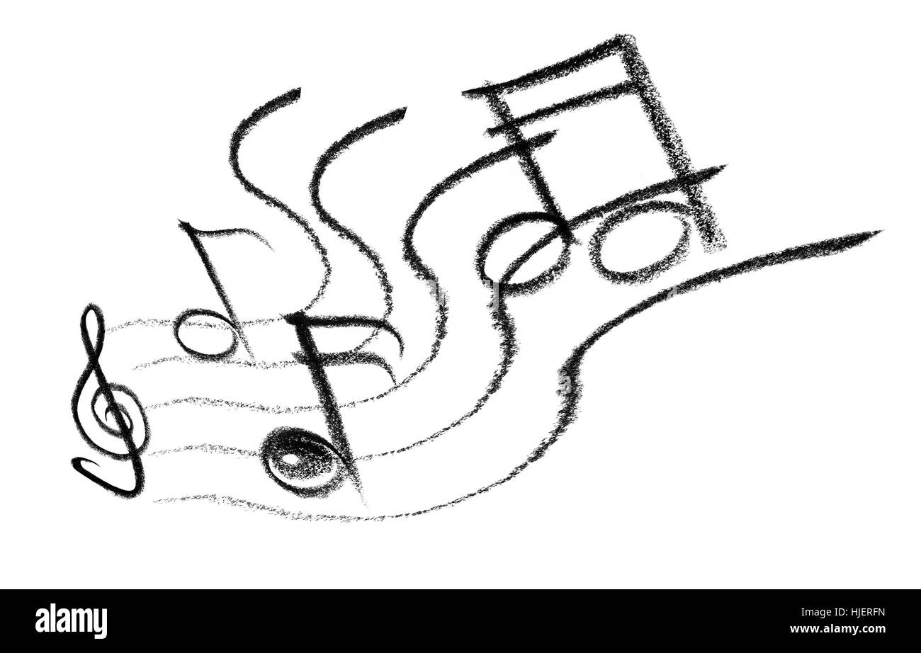 Crayon-abbozzato illustrazione di alcune note e simboli musicali Foto Stock