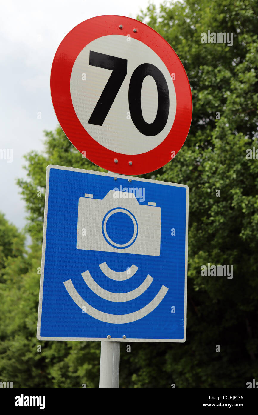 Segno, segnale, traffico, trasporto, Norvegia, segno di traffico, la velocità del radar, controllo Foto Stock