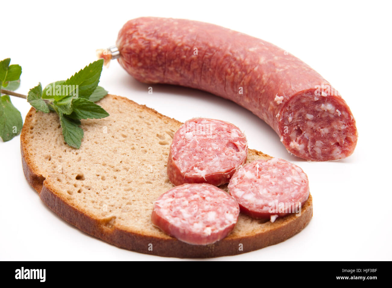 Pane e salame, salsiccia, cibo, aliment, pane, salumi, menta piperita, saporito, Foto Stock