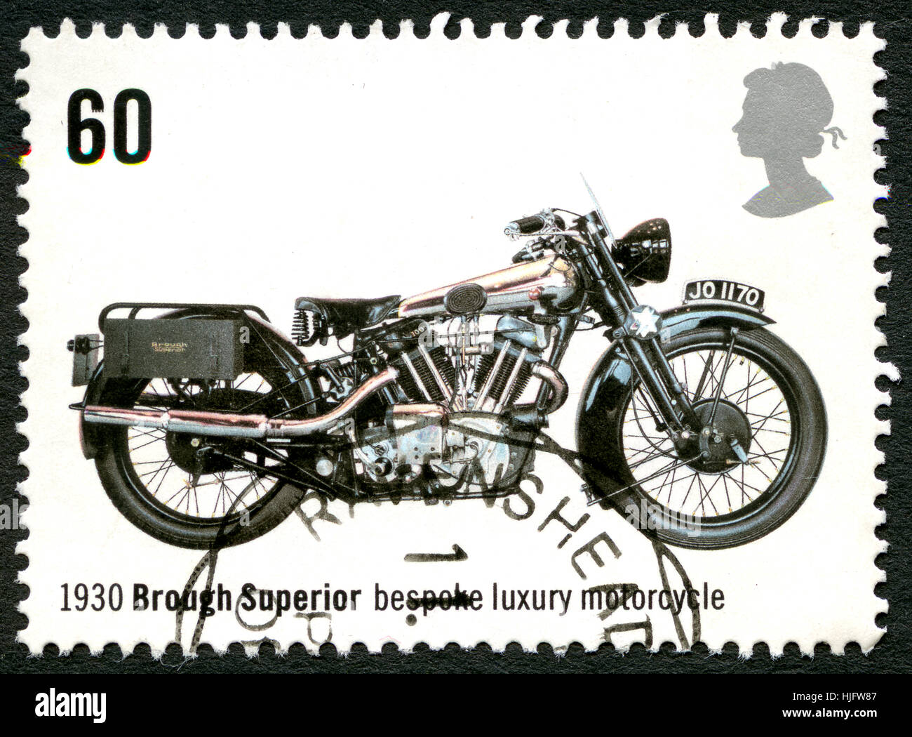Gran Bretagna - circa 2005: un usato francobollo DAL REGNO UNITO, raffigurante un'immagine di una Brough Superior di lusso su misura motociclo, circa 2005. Foto Stock