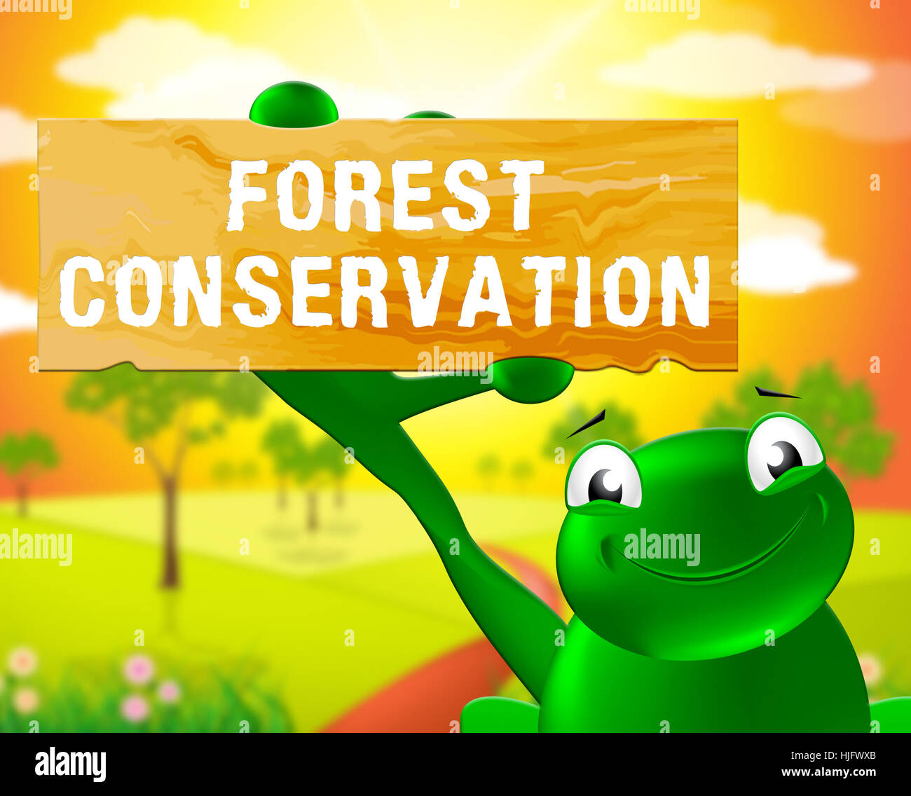 Rana con la conservazione delle foreste segno mostra Conservazione Naturale 3d illustrazione Foto Stock