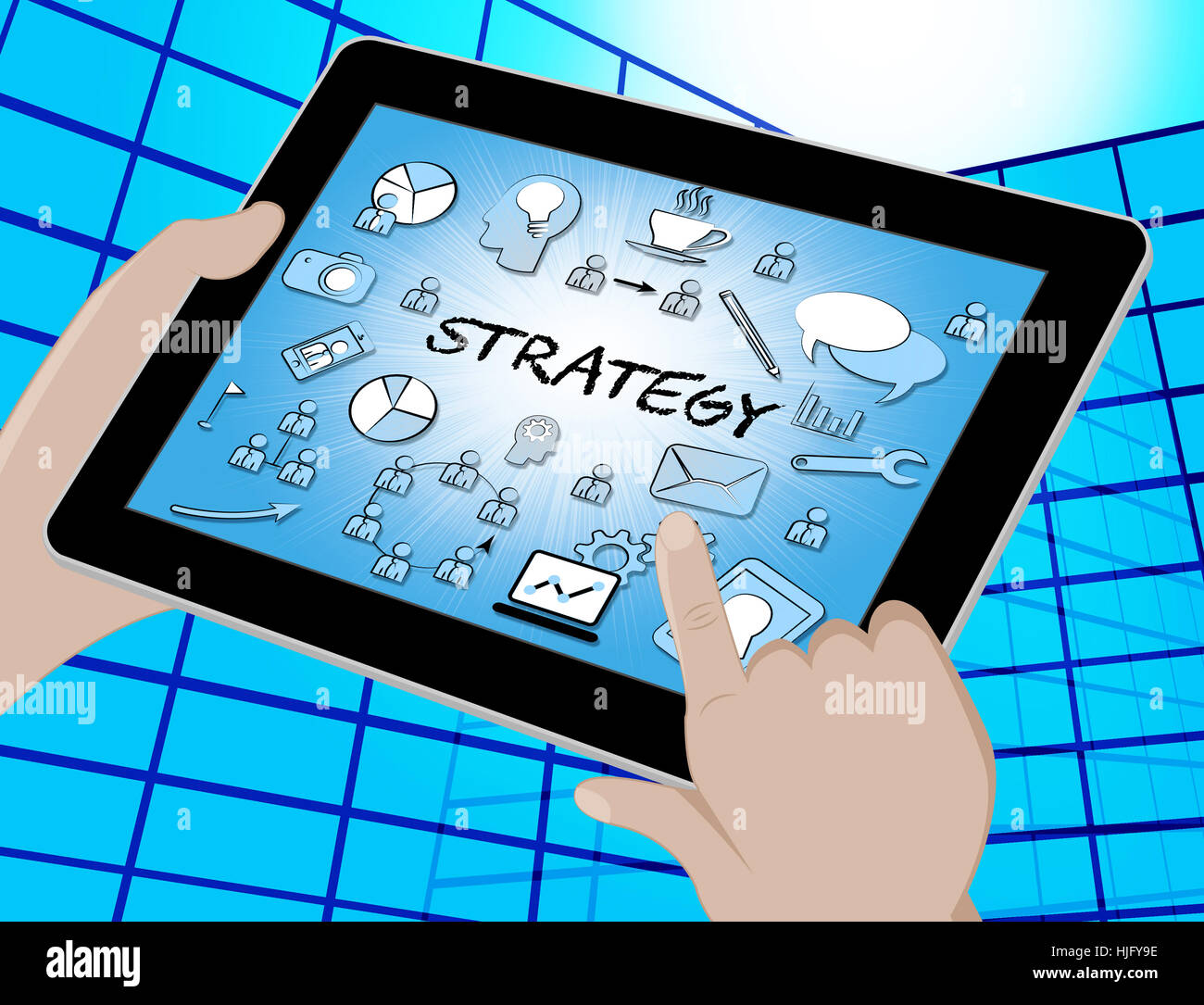 Icone di strategia Tablet Significato dei simboli dei piani strategici e 3d illustrazione Foto Stock