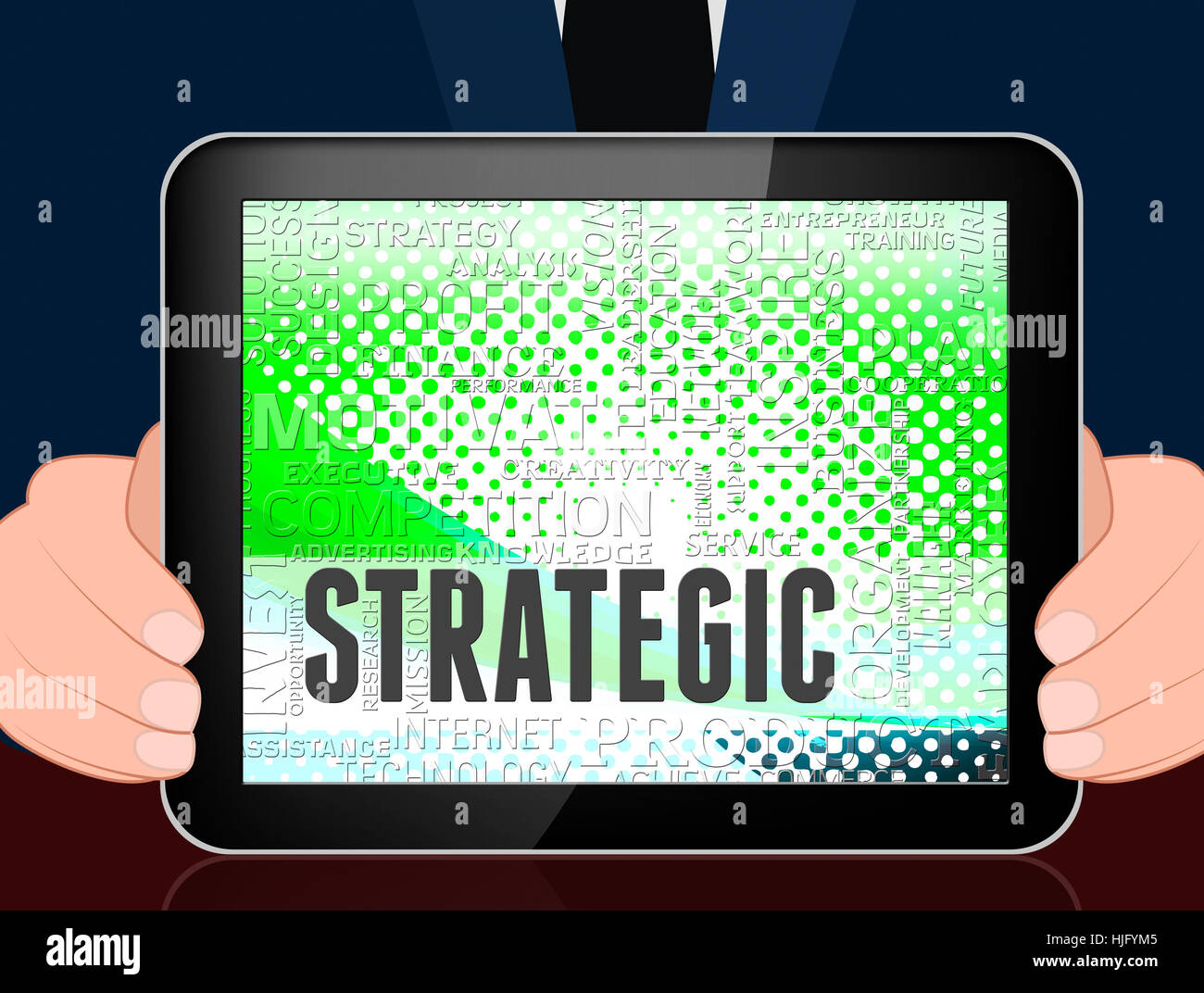 Parole strategiche Tablet indicante la strategia aziendale e piano 3d illustrazione Foto Stock
