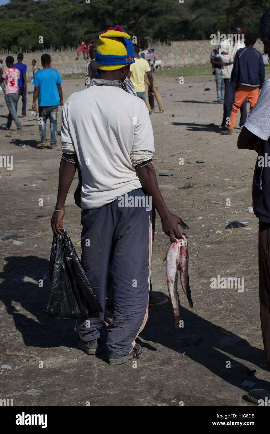 Uomo di colore giallo e con testa blu sciarpa contiene pesce in vendita presso l'Amora Geddel mercato del pesce in Awass, Etiopia Foto Stock