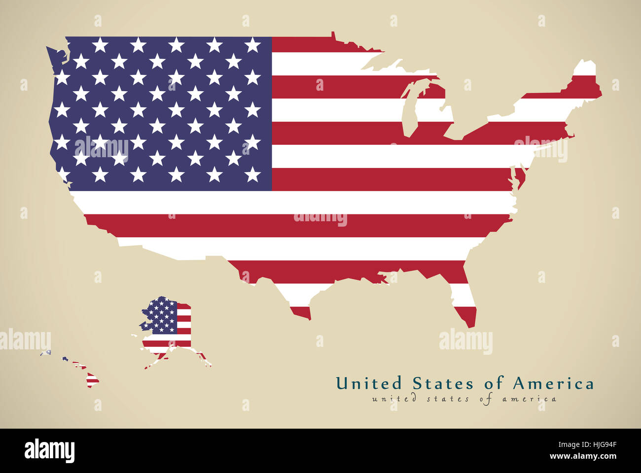 Mappa moderno - STATI UNITI STATI UNITI D'AMERICA con bandiera illustrazione silhouette Foto Stock