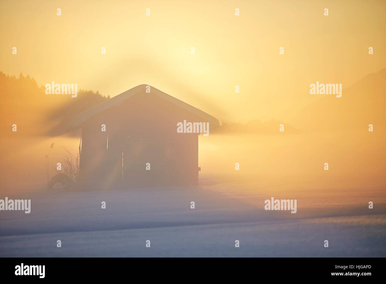 Piccola cabina, paesaggio invernale, fienile nella nebbia al tramonto, Kramsach, Tirolo, Austria Foto Stock
