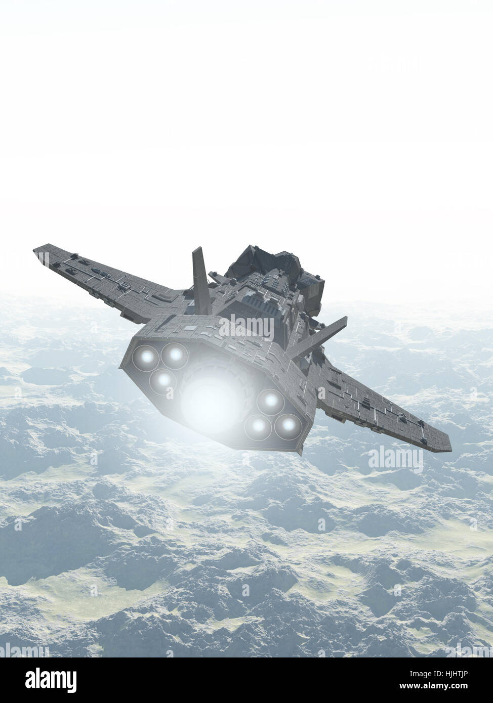 Astronave interplanetaria oltre il paesaggio di montagna - science fiction illustrazione Foto Stock