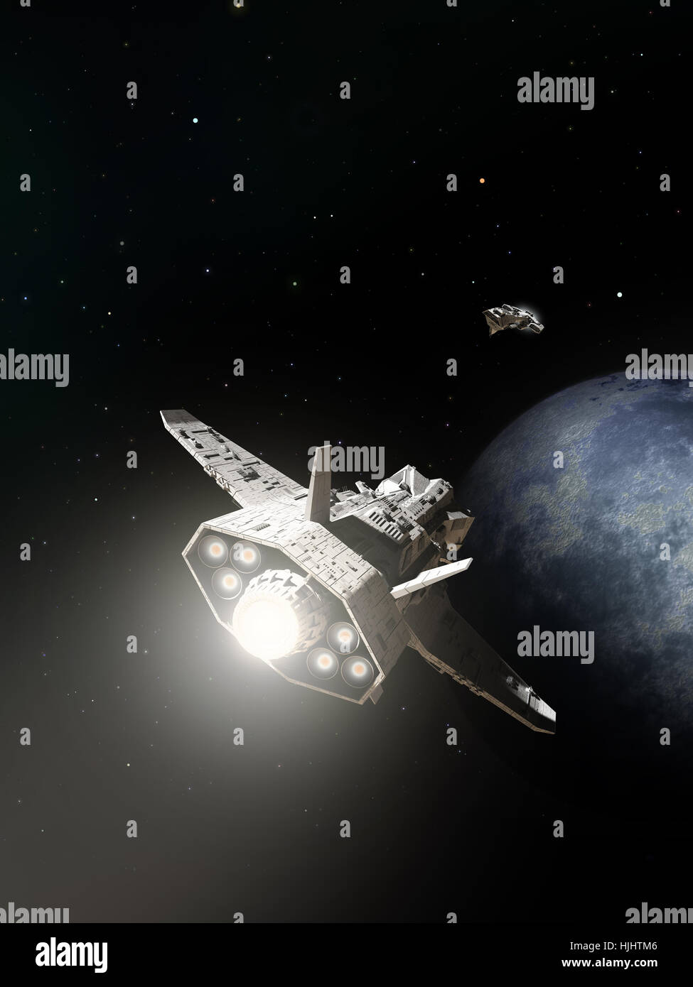 Astronave interplanetaria lasciando orbita, chiudere la vista - science fiction illustrazione Foto Stock