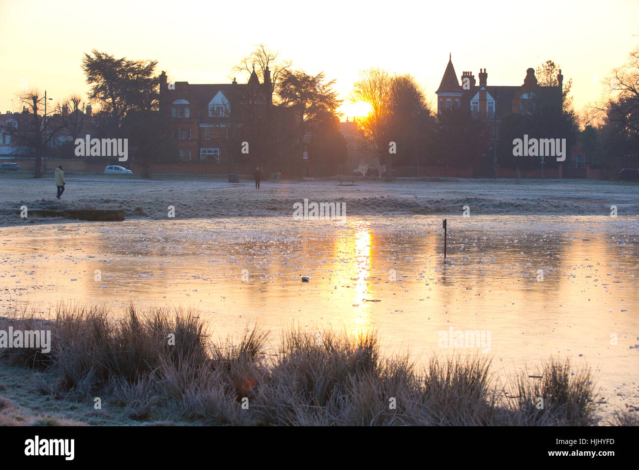 La mattina presto temperature di congelamento al Rushmore stagno, Wimbledon Common, a sud-ovest di Londra, England, Regno Unito Foto Stock