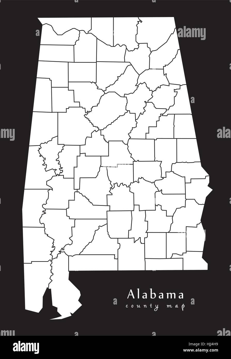 Mappa moderno - Alabama county map USA bianco e nero illustrazione silhouette Illustrazione Vettoriale