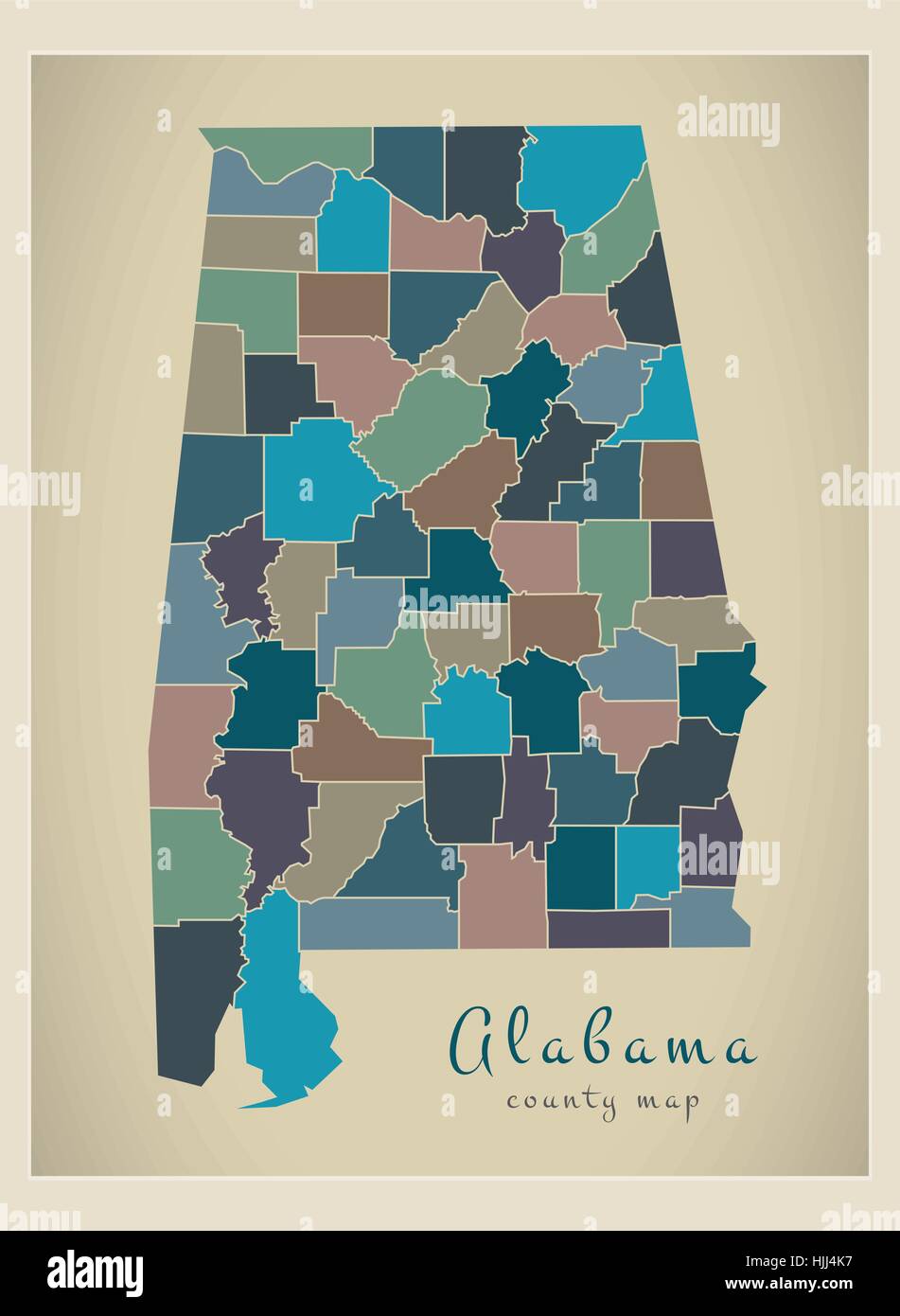Mappa moderno - Alabama colorata mappa county USA silhouette illustrazione Illustrazione Vettoriale