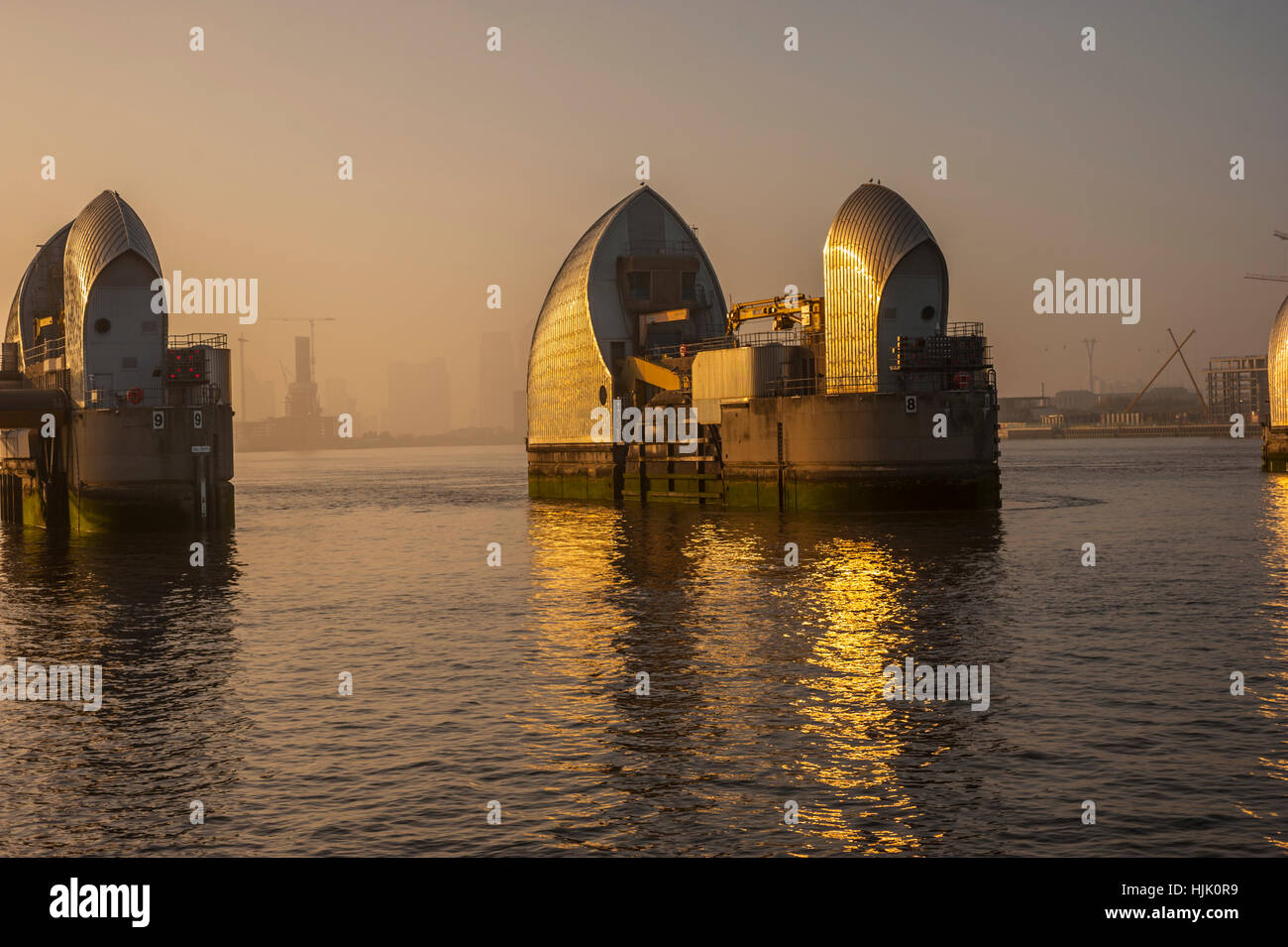 La Thames Barrier a Woolwich Kent. nella luce della sera. Foto Stock