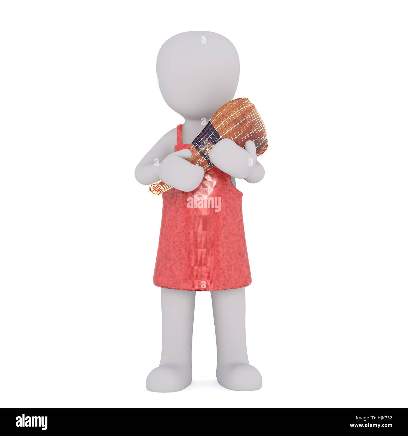 3D Rendering del personaggio dei fumetti indossando grembiule rosso e prosciutto di contenimento nella parte anteriore del fondo bianco Foto Stock