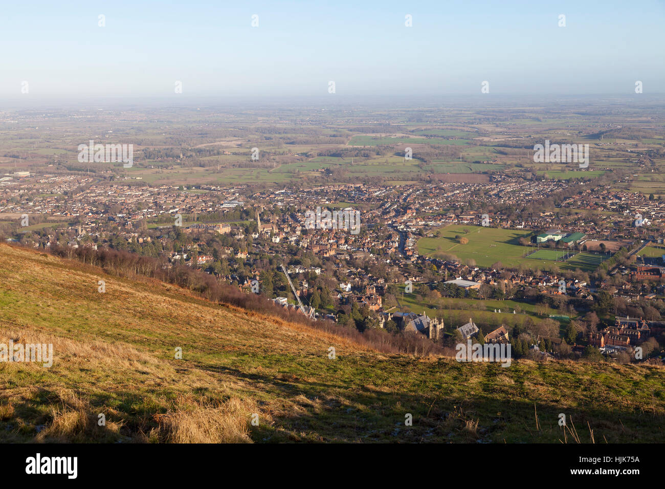 Vista su Great Malvern dalla Malvern Hills Foto Stock