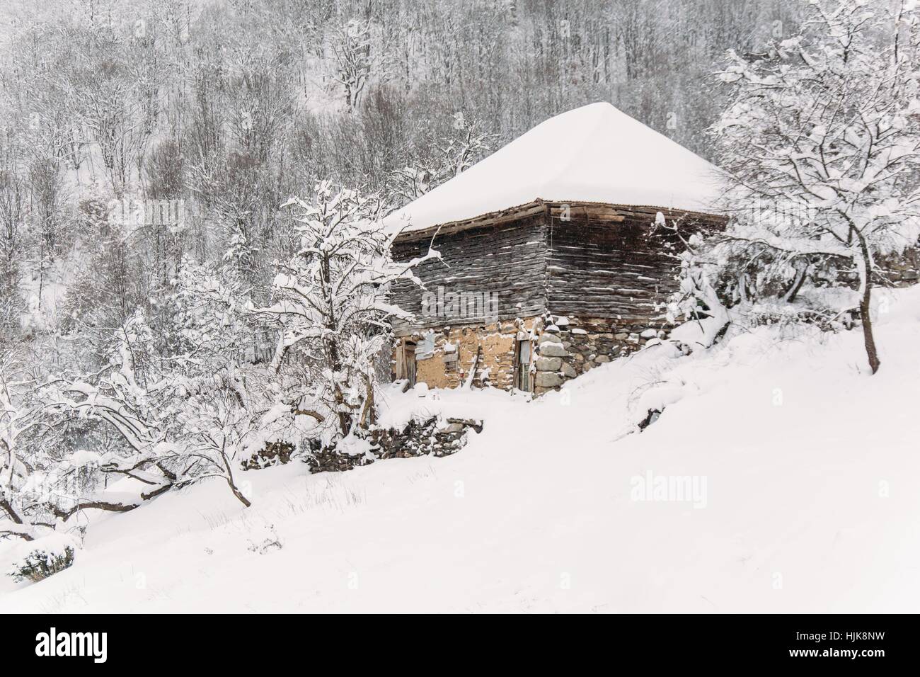 In legno cottage di montagna ricoperta di neve Foto Stock