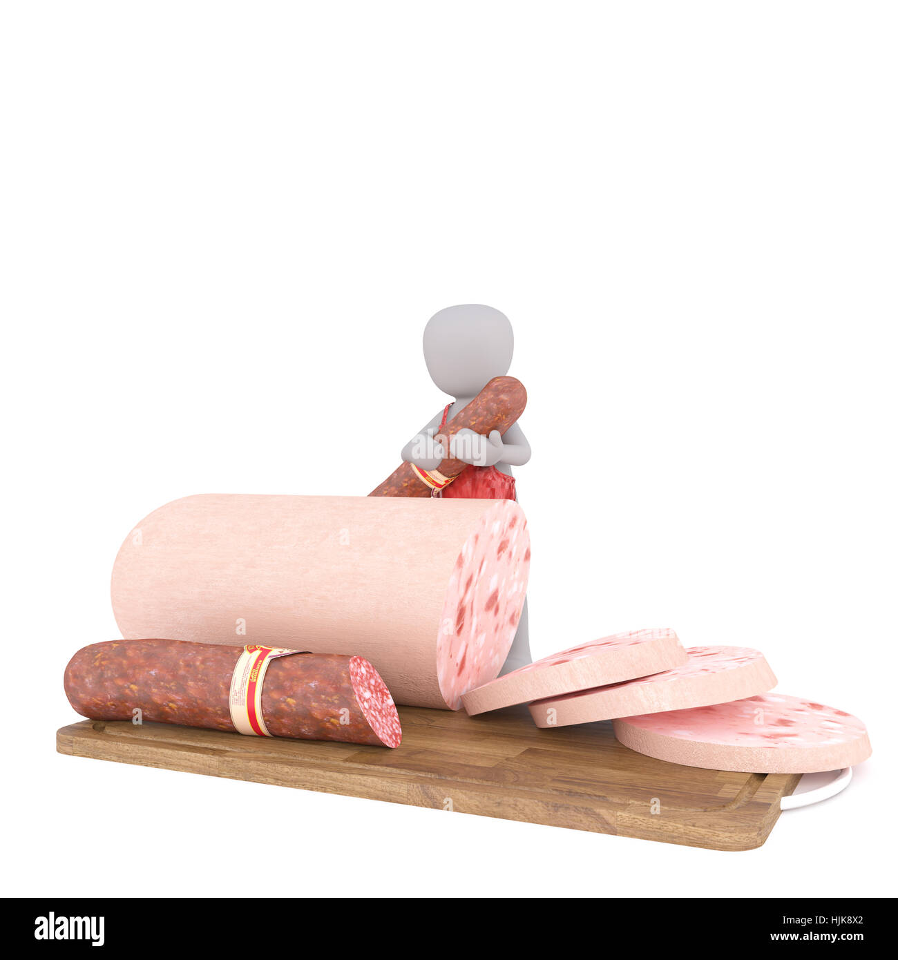 La figura del volto 3D uomo macellaio con salsicce affettare sul tagliere, in piedi isolato su sfondo bianco Foto Stock