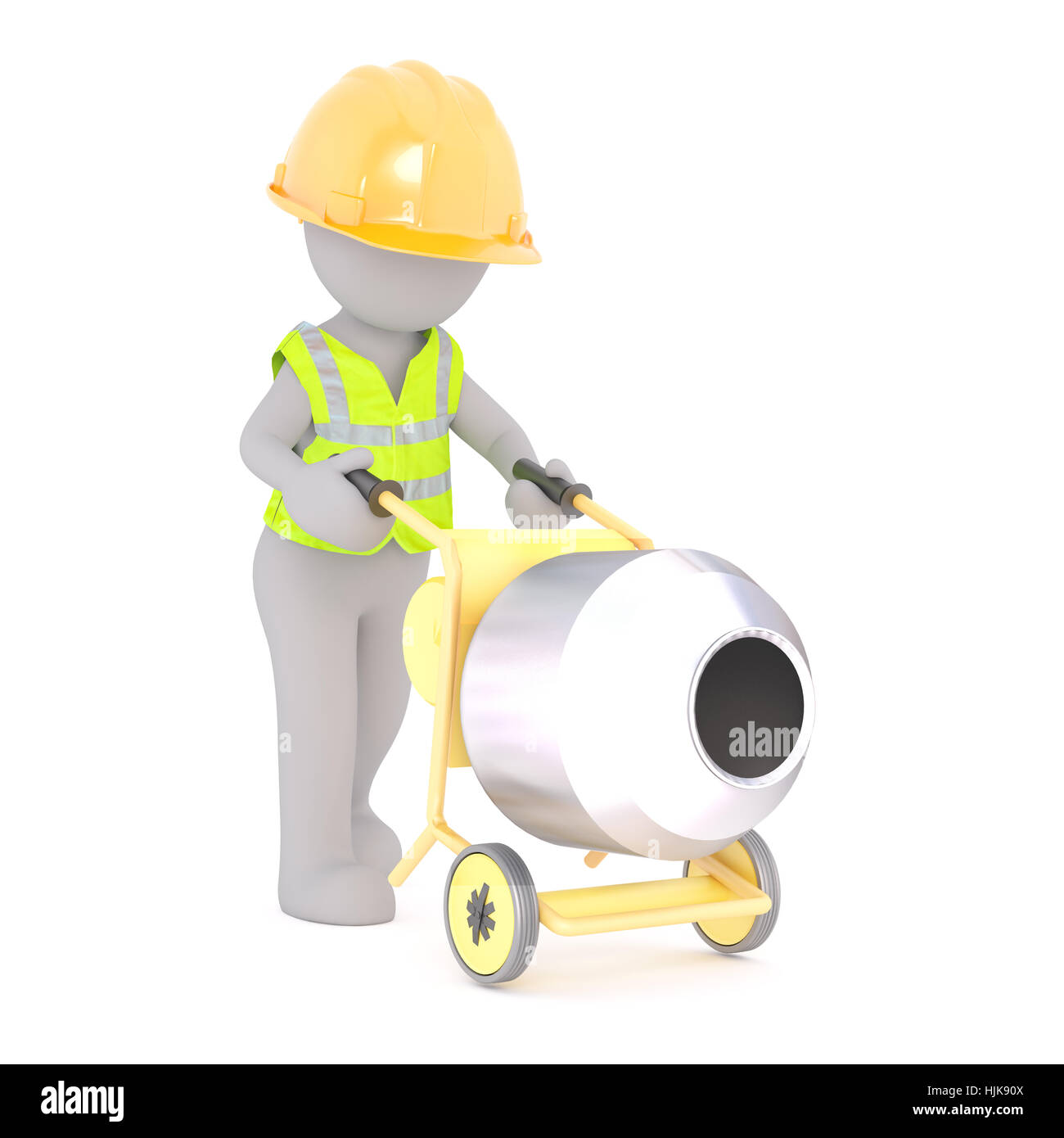 Volto 3D uomo carattere del lavoratore edile in casco e giubbotto di sicurezza rolling betoniera, in piedi isolato su sfondo bianco Foto Stock