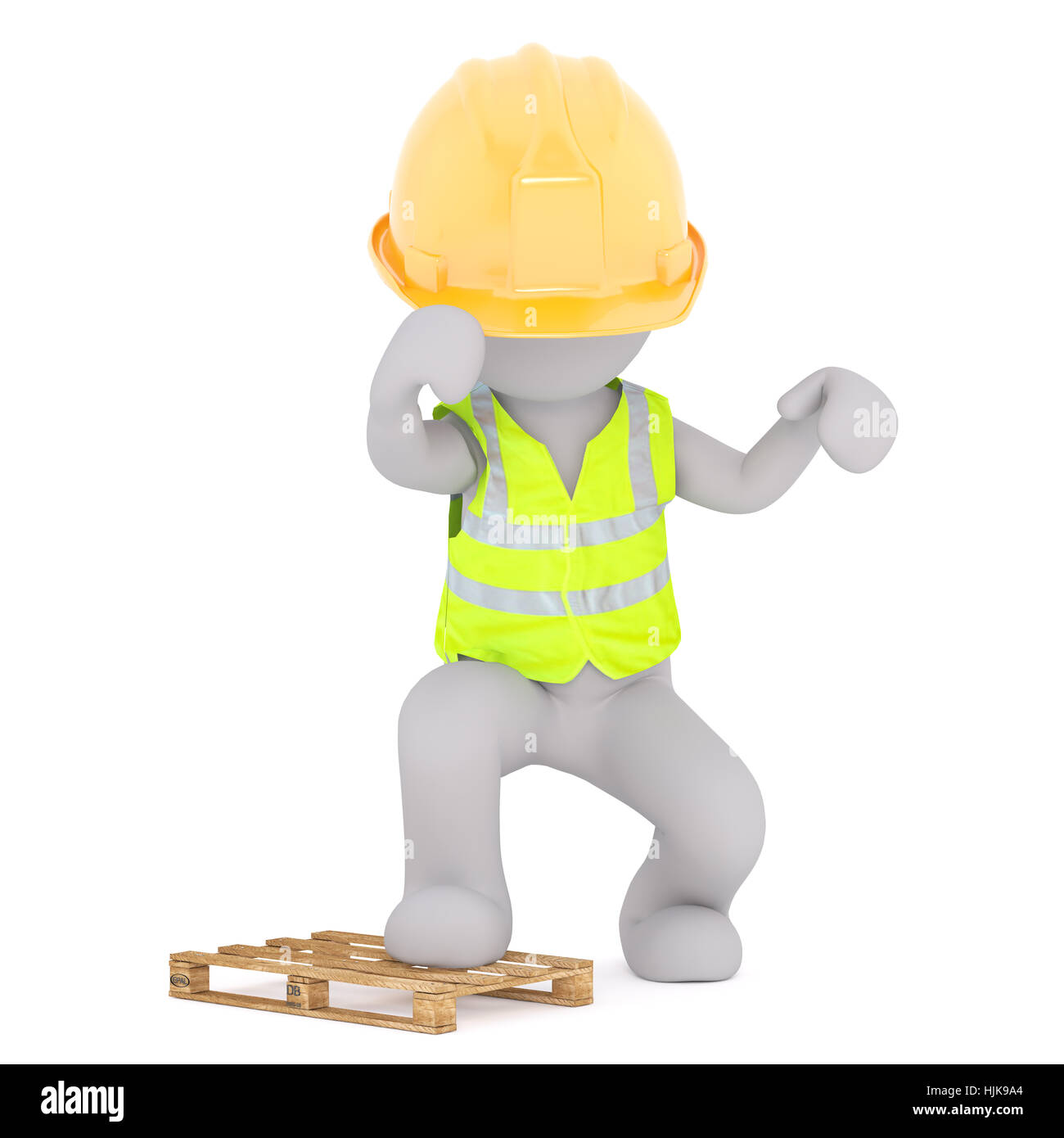 La figura del volto 3D uomo lavoratore edile in elmetto e giubbotto di sicurezza pallet di rottura con il suo piede, in piedi isolato su sfondo bianco Foto Stock