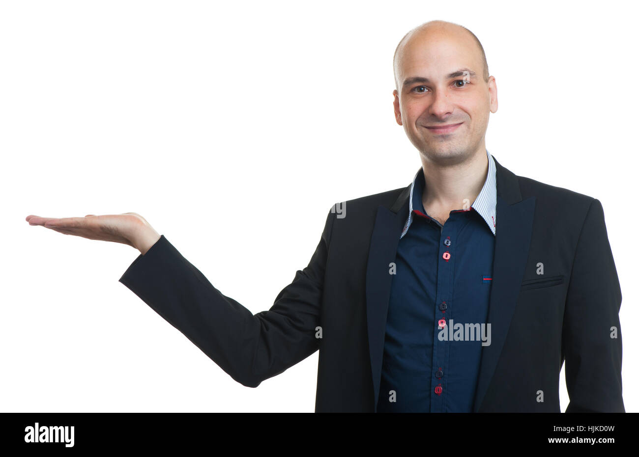 Imprenditore presentando qualcosa sul suo Palm. Isolato su bianco Foto Stock