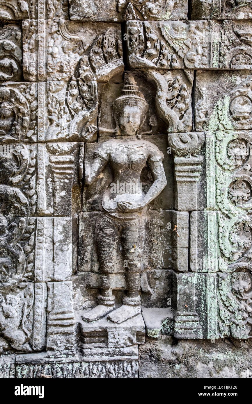 Dettaglio del bassorilievo, Ta Prohm tempio, il Parco Archeologico di Angkor, Siem Reap, Cambogia Foto Stock