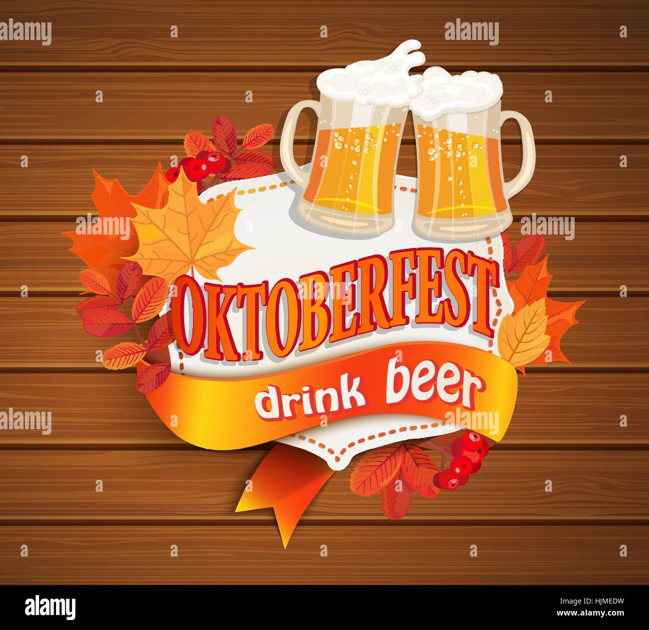 Oktoberfest vintage frame con birra e foglie di autunno su uno sfondo di legno. Modello di poster. Illustrazione vettoriale EPS, 10. Illustrazione Vettoriale