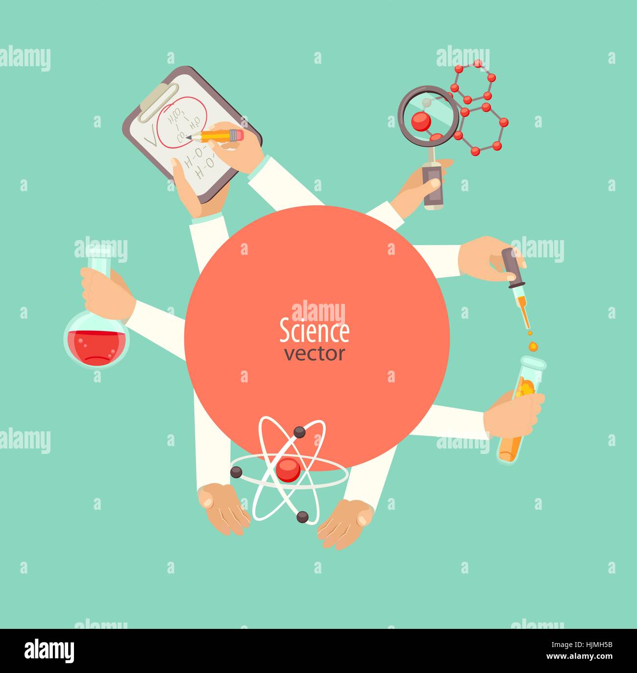 Il concetto di scienza e di insegnamento. Gli scienziati con molecole, formula, lampadina, illustrazione vettoriale. Illustrazione Vettoriale