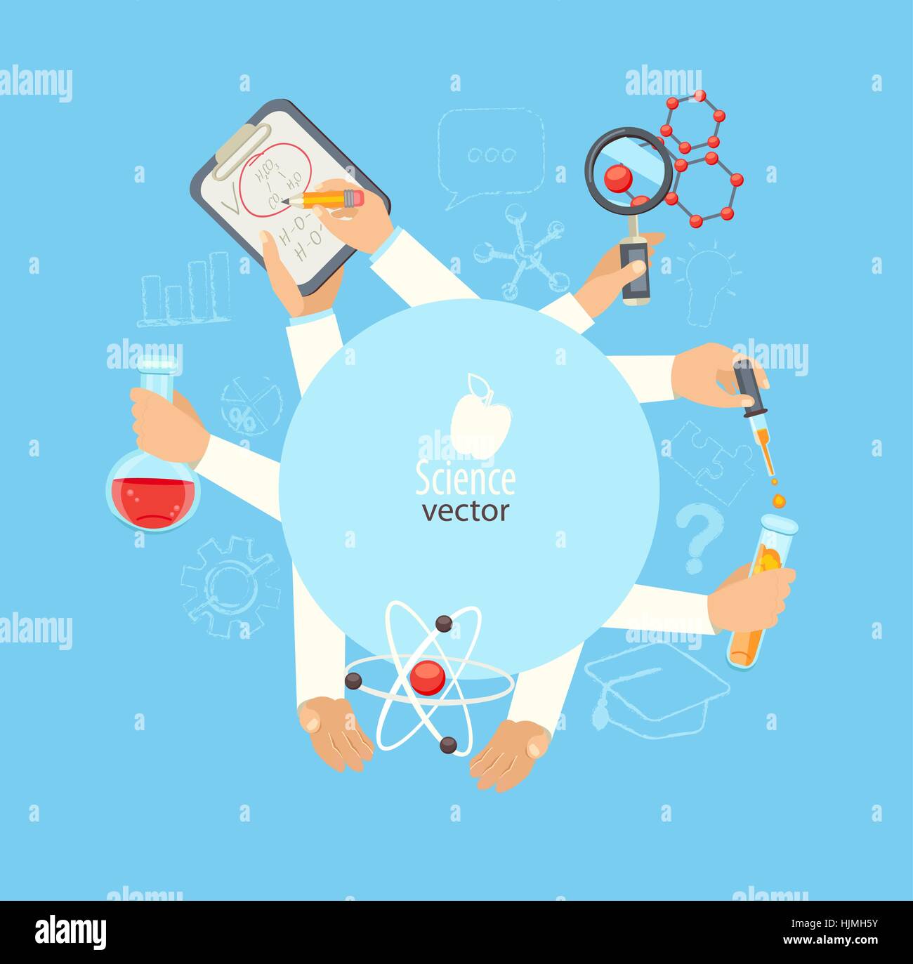 Il concetto di scienza e di insegnamento. Gli scienziati con molecole, formula, lampadina, illustrazione vettoriale. Illustrazione Vettoriale