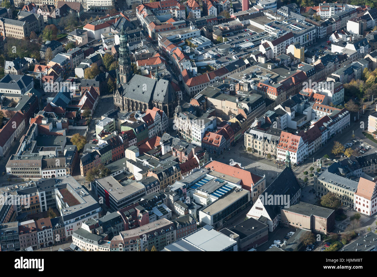 Germania, Zwickau, veduta aerea della città vecchia con la Cattedrale di St Mary Foto Stock