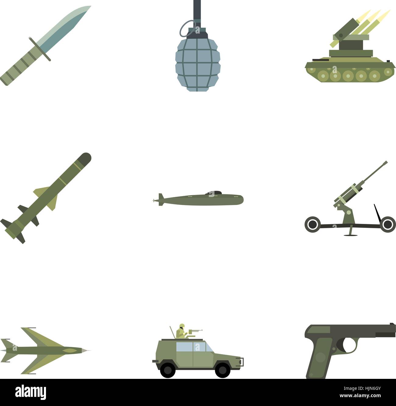Apparecchiature di guerra set di icone. Figura piana di 9 apparecchiature di guerra icone vettoriali per il web Illustrazione Vettoriale