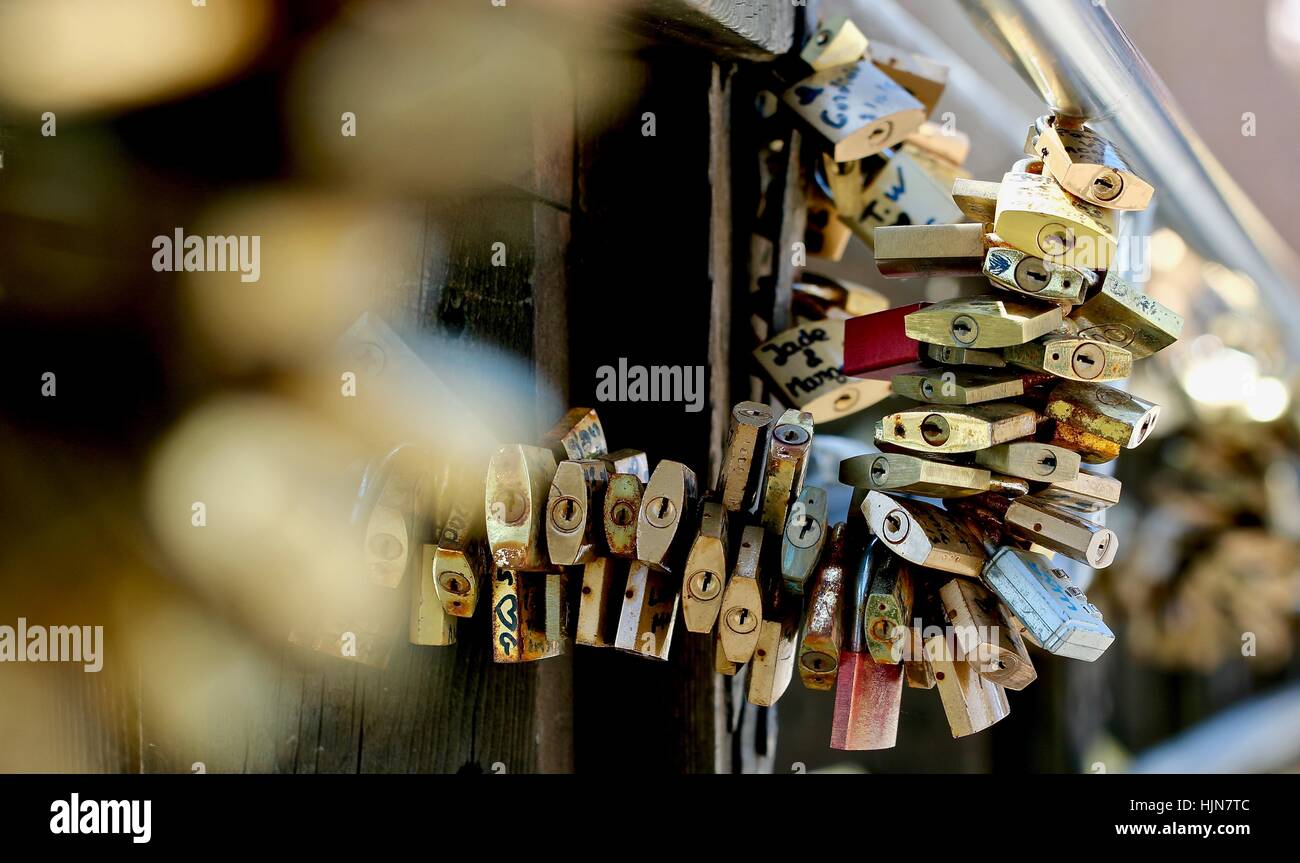 Immagine macro di siglato Lucchetti, serrature amore, Ponte dell Accademia Bridge, Venezia, Italia, Europa. Foto Stock