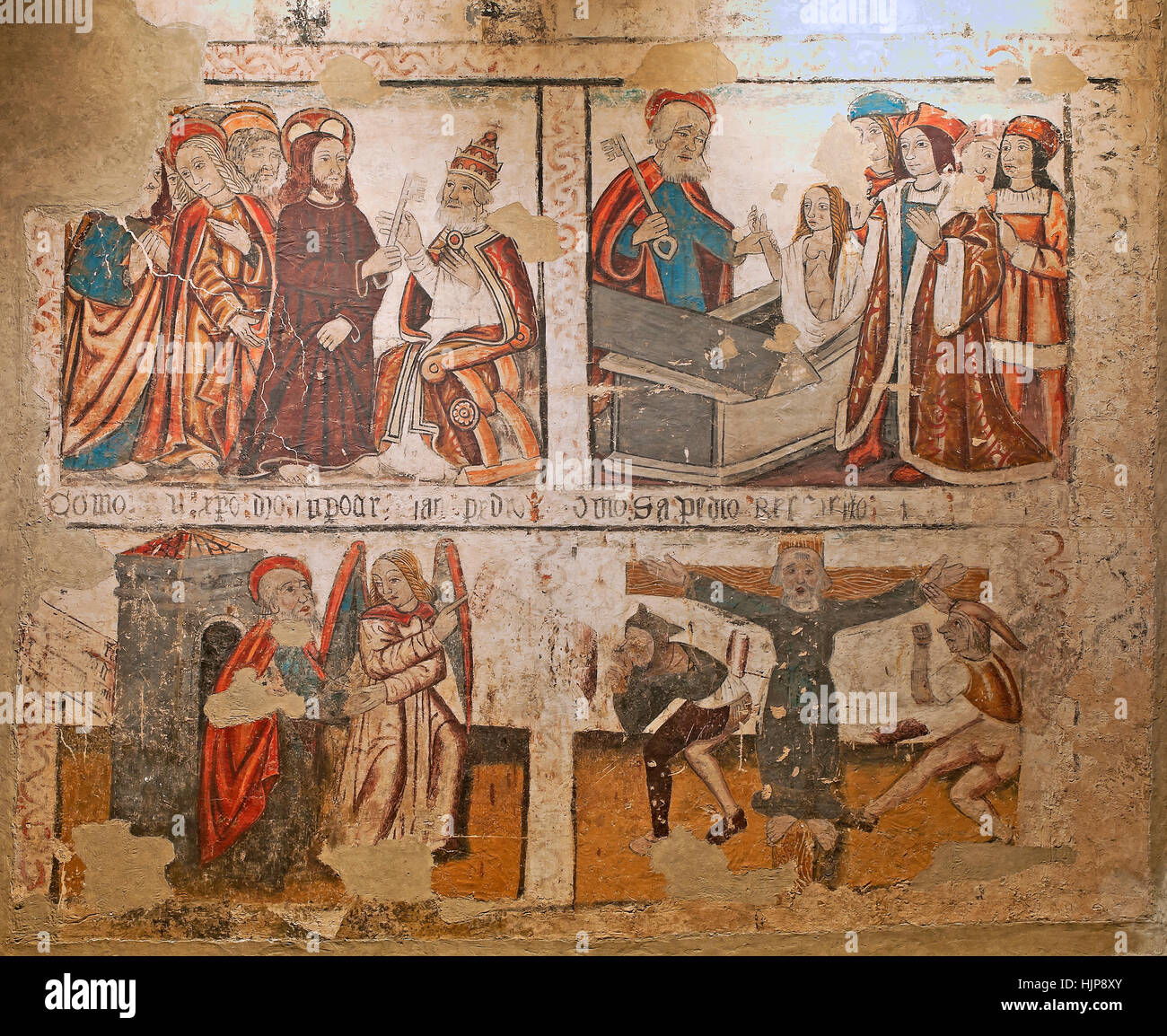 La vita di San Pedro - dipinti ad affresco del XV secolo, la cattedrale, Mondoñedo, provincia di Lugo, regione della Galizia, Spagna, Europa Foto Stock