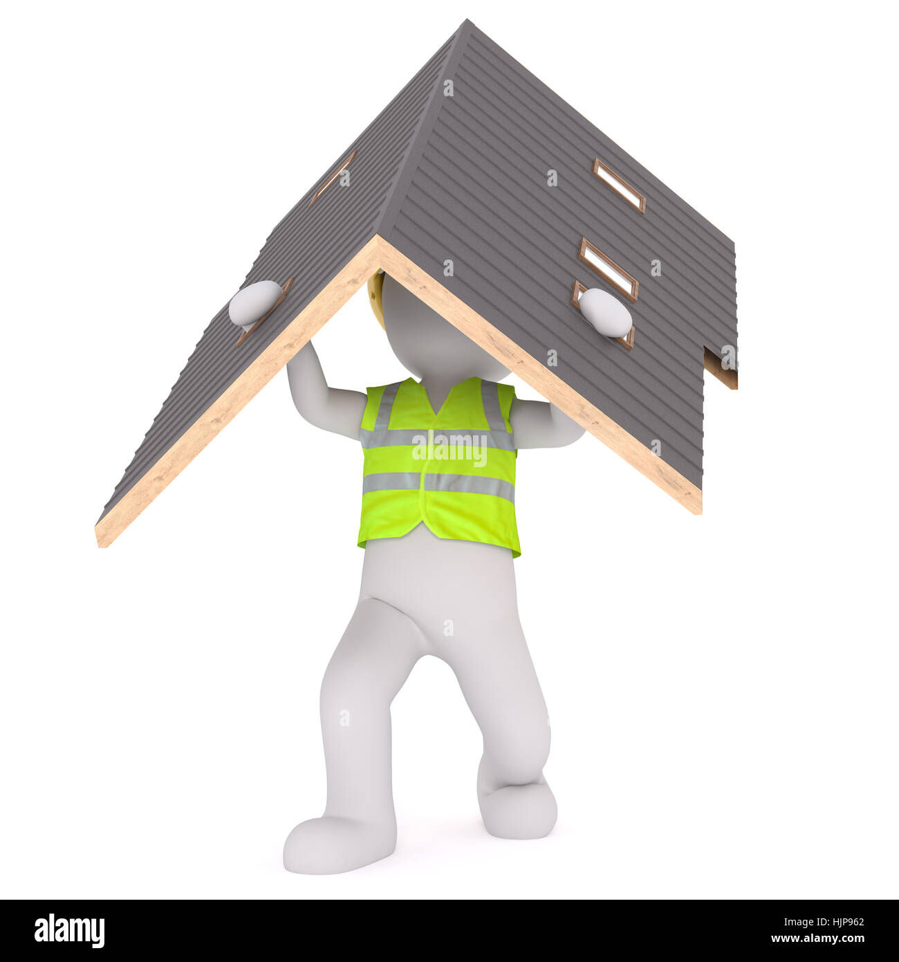 Grigio generico 3d figura del fumetto di indossare giubbotti di sicurezza e portante del tetto della casa di fronte a uno sfondo bianco Foto Stock